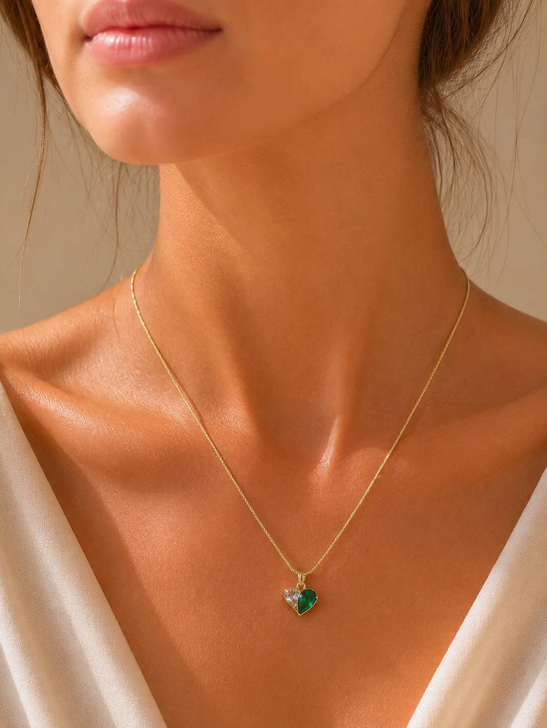 Emerald Duo Heart Pendant Necklace