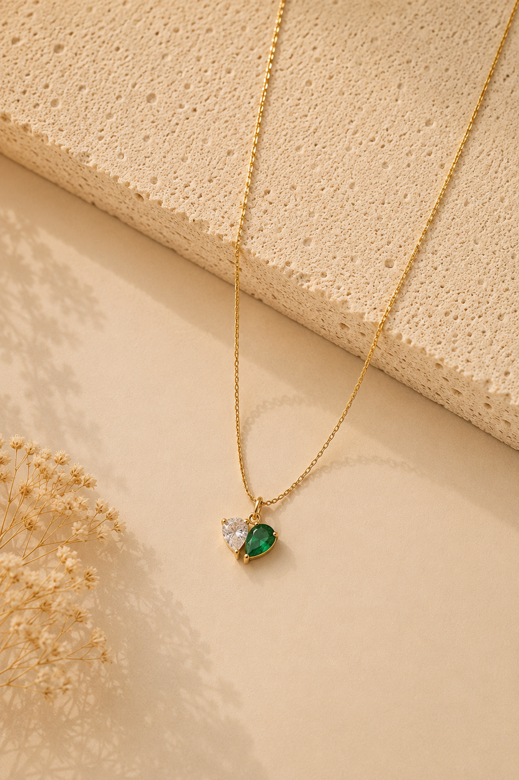 Emerald Duo Heart Pendant Necklace