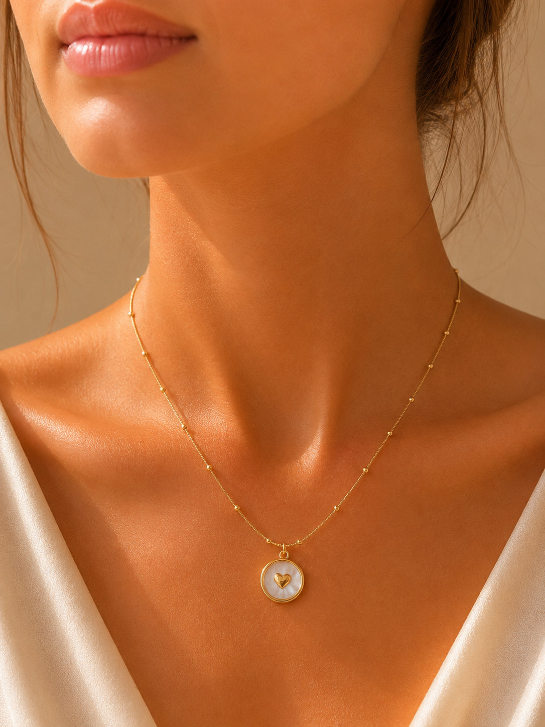 Golden Heart Mother of Pearl Pendant Necklace